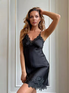 Elegant Black Satin-Finish Slip Dress with Eyelash Lace Trim