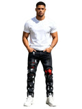 Men's Distressed Slim Straight Denim Jeans with Paint Detail Streetwear Design