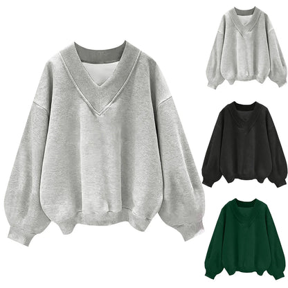 Women's Oversized V-Neck Pullover Sweatshirt with Relaxed Fit for Casual Everyday Style