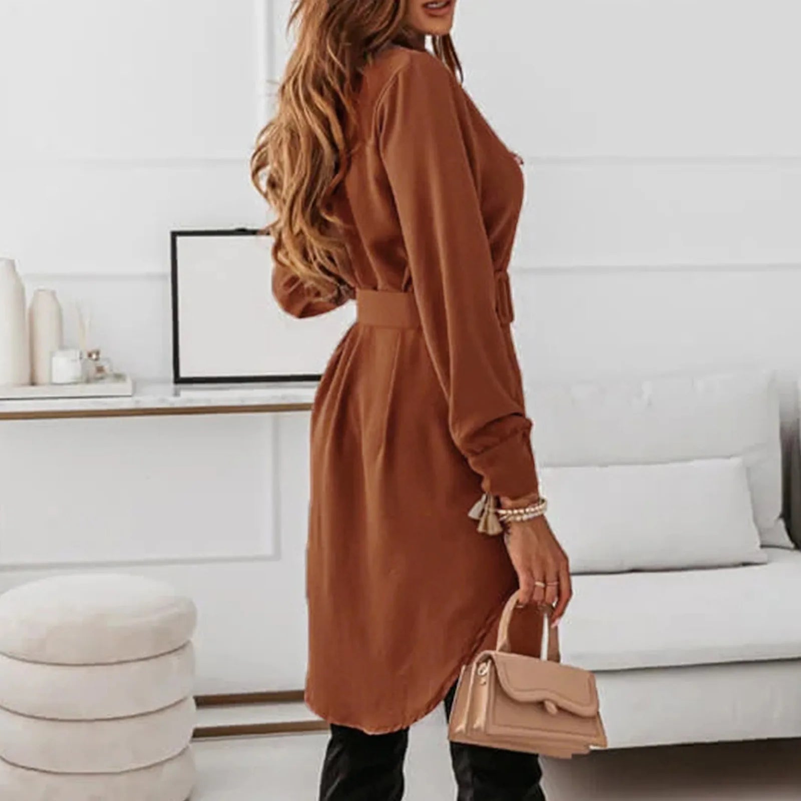 Long Sleeve Belted Shirt Mini Dress With Tailored Relaxed Fit Silhouette