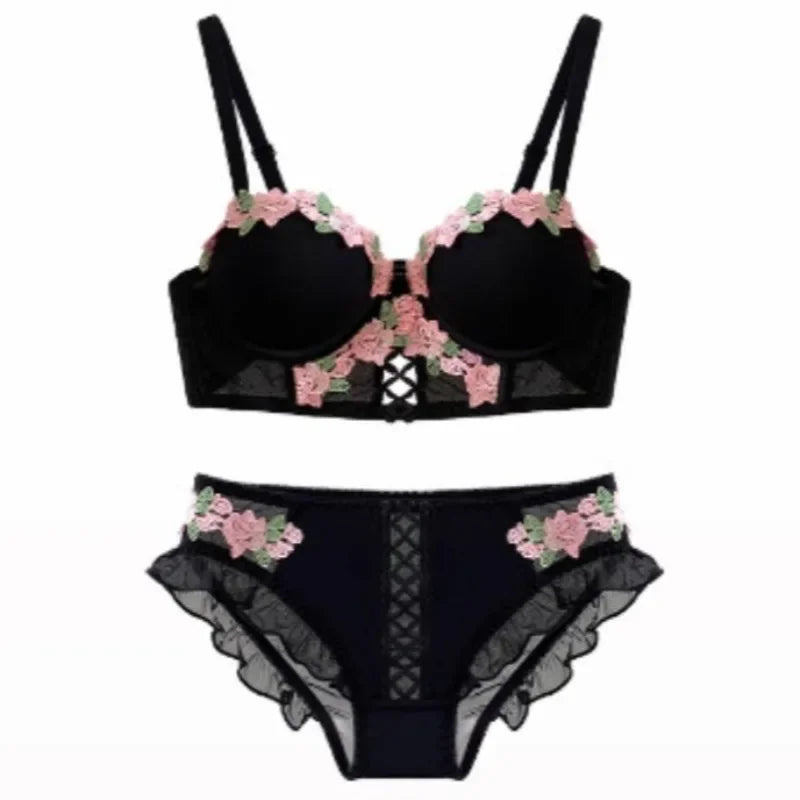 Pastel Floral Embroidered Contour Push-Up Bra and Matching Scalloped Brief Set