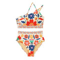High-Waisted Floral One-Shoulder Bikini Set with Asymmetrical Top, Ruched Tummy-Control Styling and Matching Bottom