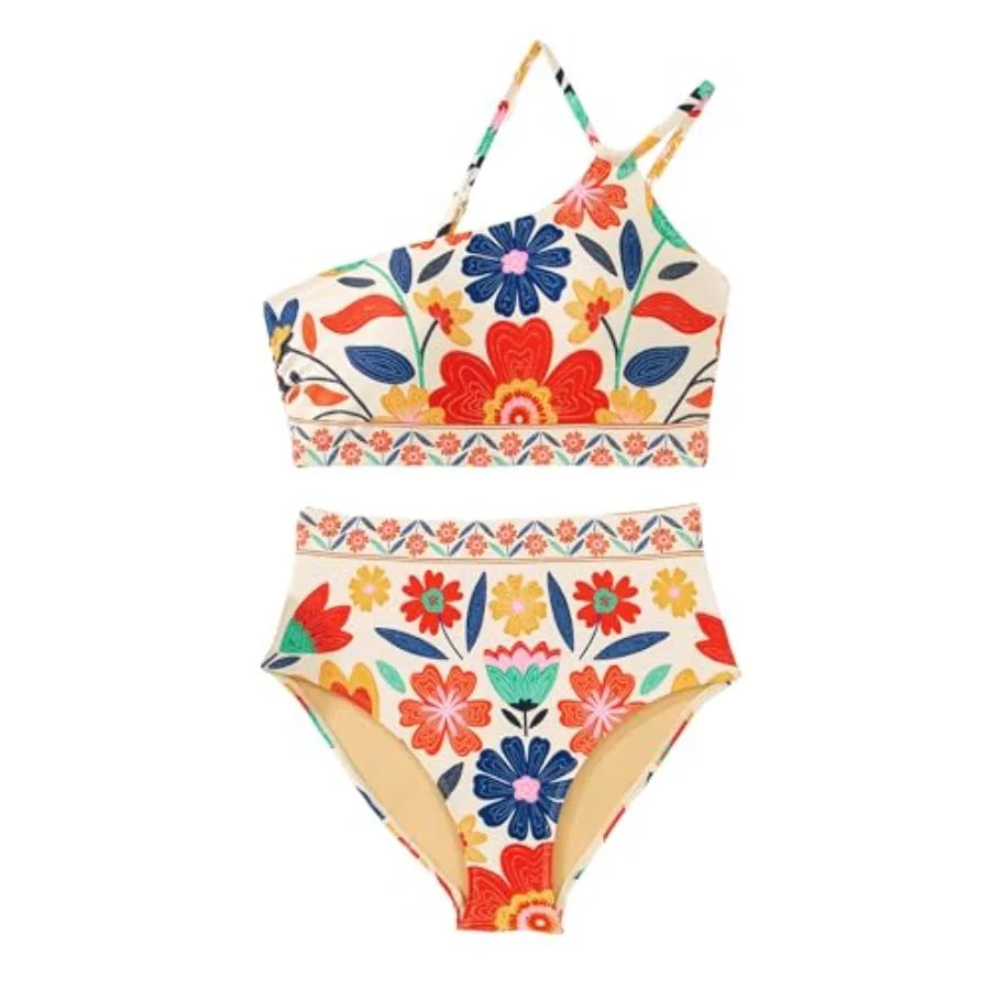 High-Waisted Floral One-Shoulder Bikini Set with Asymmetrical Top, Ruched Tummy-Control Styling and Matching Bottom