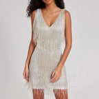 Black Sequin and Tassel Fringe Mini Dress with Plunging V-Neckline