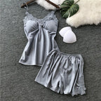 Elegant Navy Blue Satin-Finish Camisole and Shorts Set with Floral Lace Appliqué