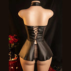 Black Satin-Finish Halter Dress with Lace-Up Back and Sheer Split