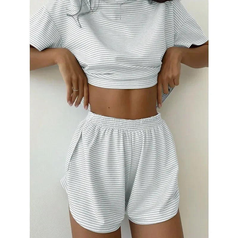 Women's Striped Knit Lounge Co-Ord Set Relaxed Top and Shorts Outfit