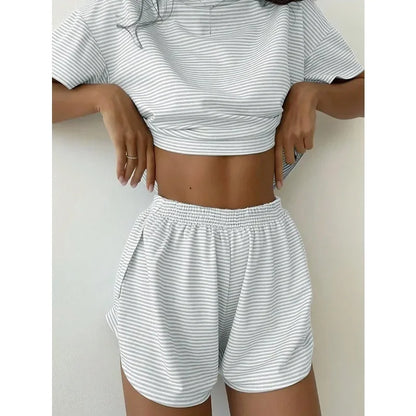 Women's Striped Knit Lounge Co-Ord Set Relaxed Top and Shorts Outfit