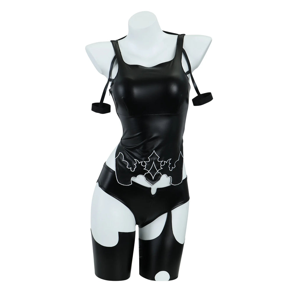 Fierce Glossy Black Cutout Bodysuit with Asymmetrical Leg Accents and Gloves
