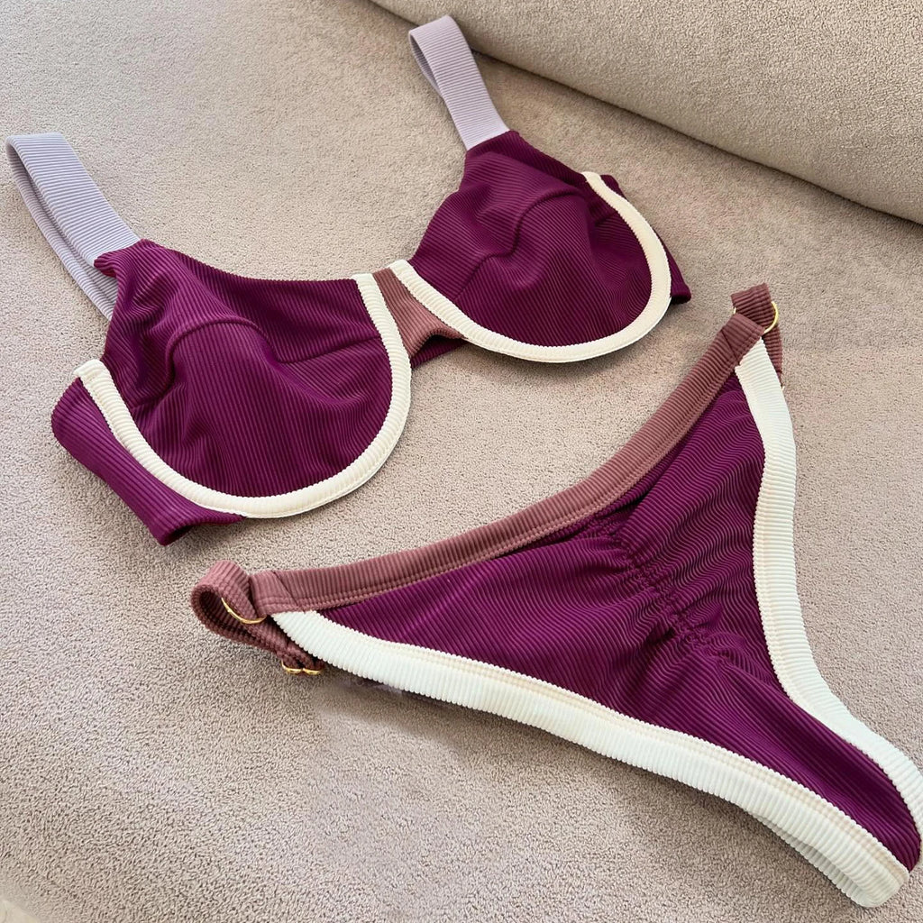 Color-Block Underwire Bikini Set with Plunge Neckline and Contrast Binding