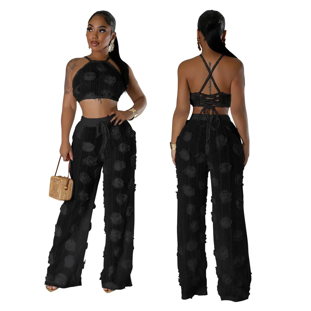Floral Applique Crop Top and Wide Leg Pants Statement Co-Ord Set