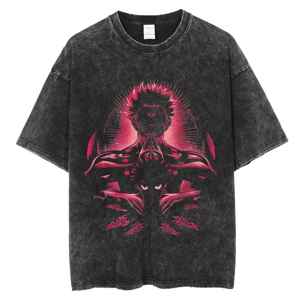 Dark Anime Aura Oversized Vintage Washed Streetwear Graphic Cotton T-Shirt