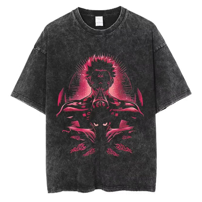 Dark Anime Aura Oversized Vintage Washed Streetwear Graphic Cotton T-Shirt