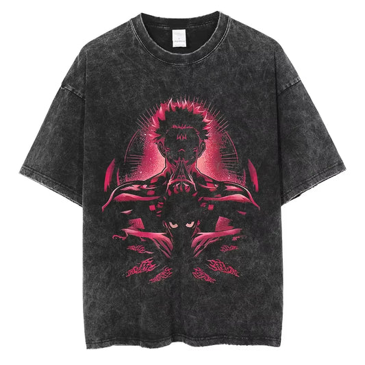 Dark Anime Aura Oversized Vintage Washed Streetwear Graphic Cotton T-Shirt