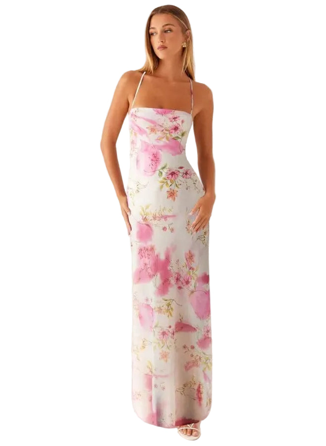 Floral Print Bodycon Maxi Dress with Square Neck and Tie Straps