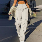 Women's High Waist Wide Leg Utility Trousers with Pocket Casual Streetwear Style