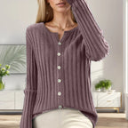 Women's Ribbed Button Front Relaxed Knit Contemporary Sweater Cardigan Top