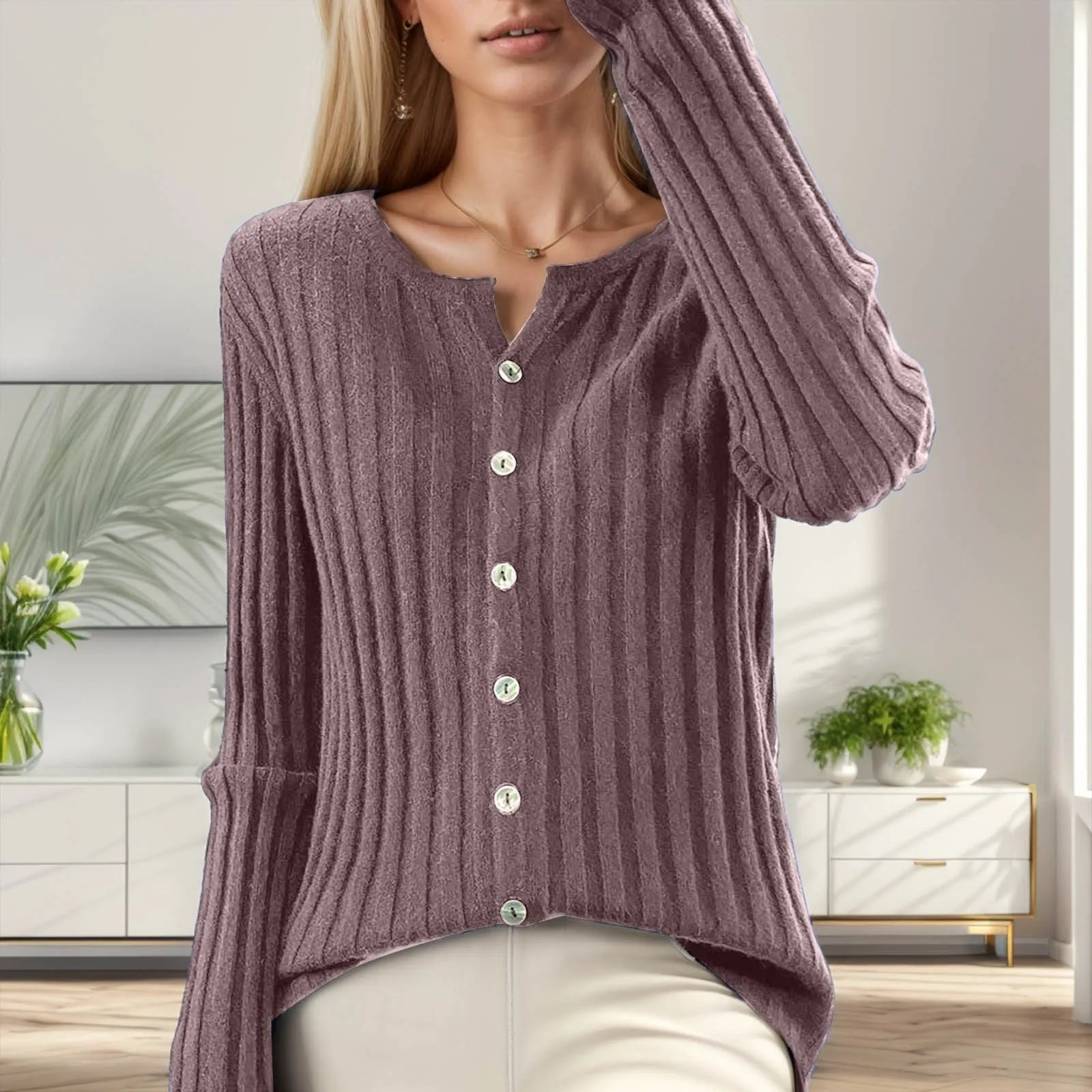 Women's Ribbed Button Front Relaxed Knit Contemporary Sweater Cardigan Top