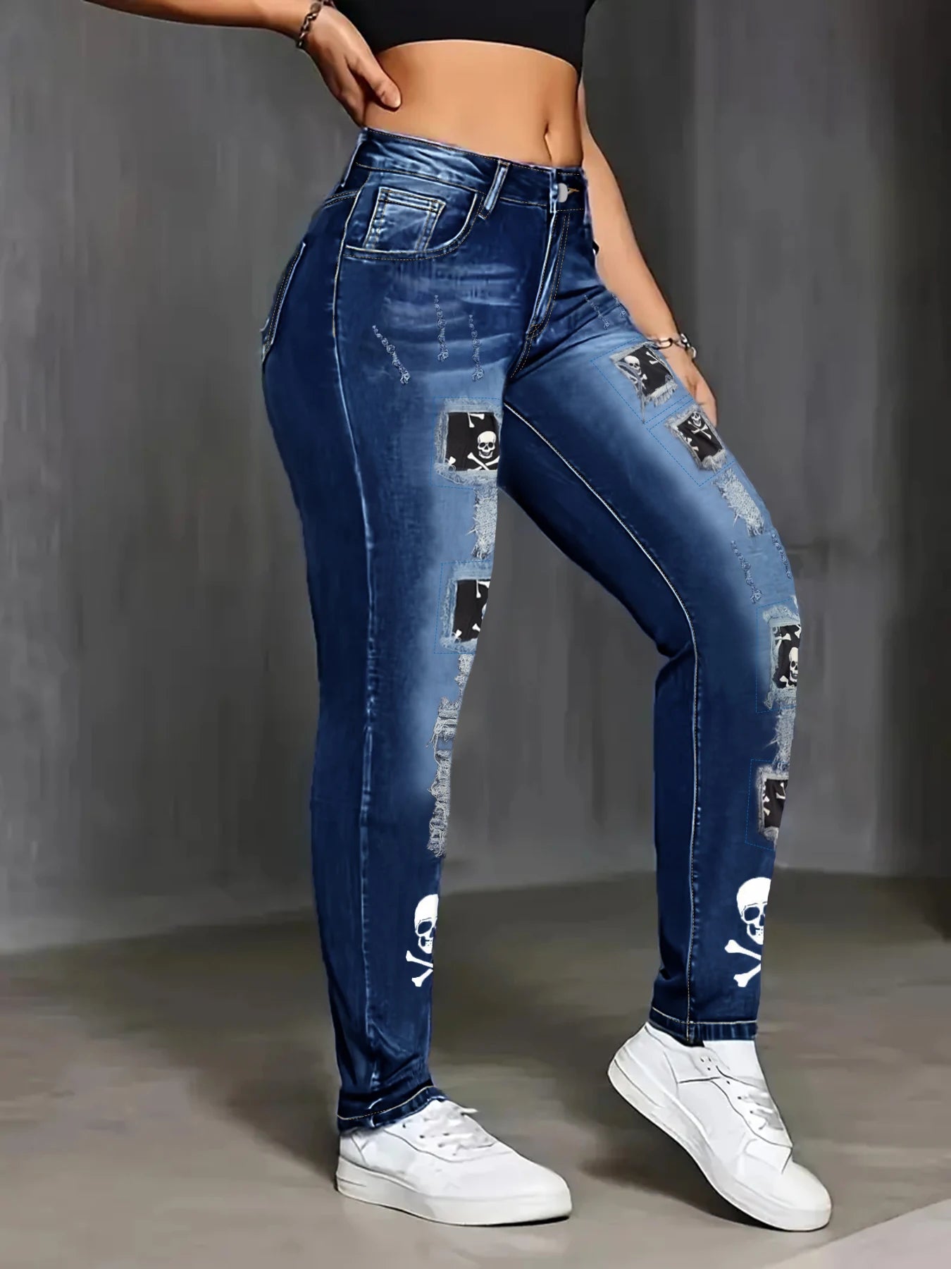Women's Mid-Rise Patchwork Detail Slim Straight Denim Jeans with Comfortable Stretch Everyday Style