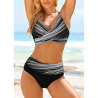 Geometric Print Cross-Front Bikini Top with High-Waisted Color-Block Bottoms