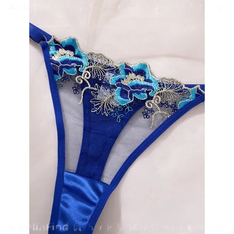 Royal Blue 3D Floral Embroidered Sheer Mesh Balconette Bra and Strappy Thong Set