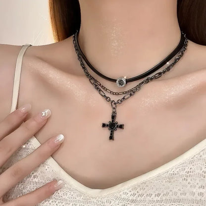 Layered Gothic Charm Choker Necklace Set with Hearts Crosses and Stars