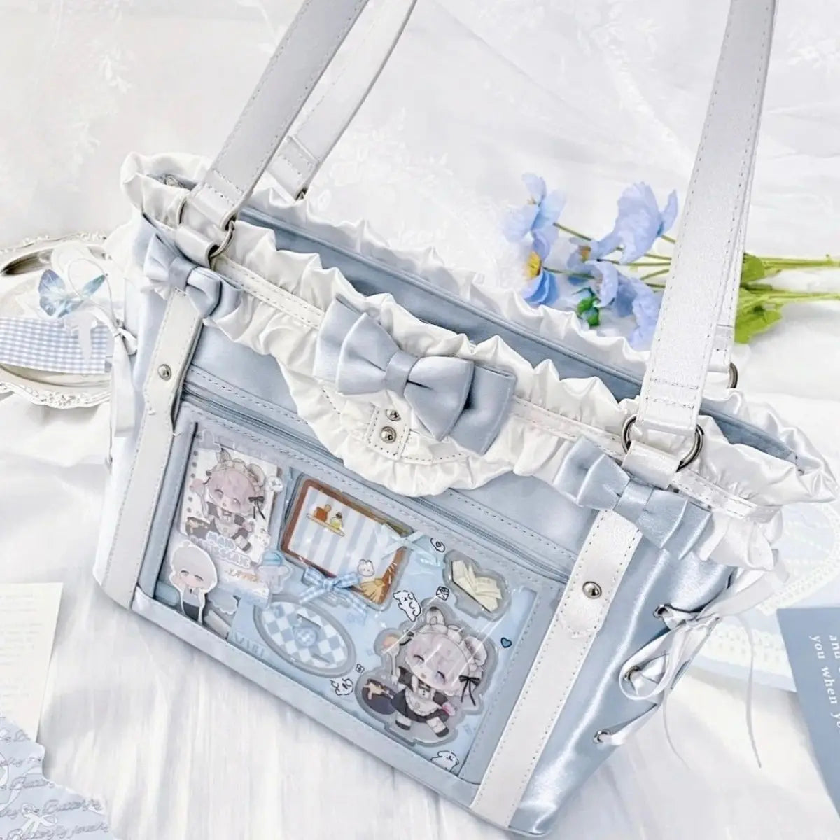 Display Window Tote Bag with Ribbon Accents Large Capacity Shoulder Carry Design
