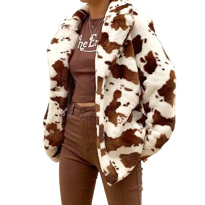 Women's Plush Animal Print Faux Fur Jacket Relaxed Casual Statement Winter Outerwear