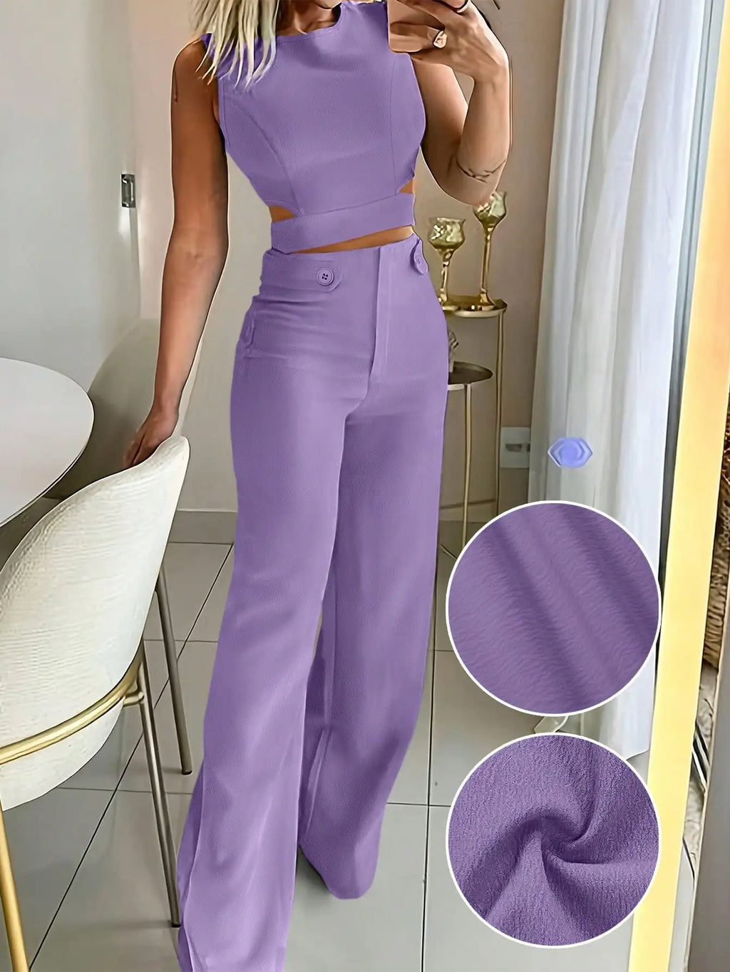 Sleeveless Button Detail Top and Flare Pants Casual Co-Ord Set