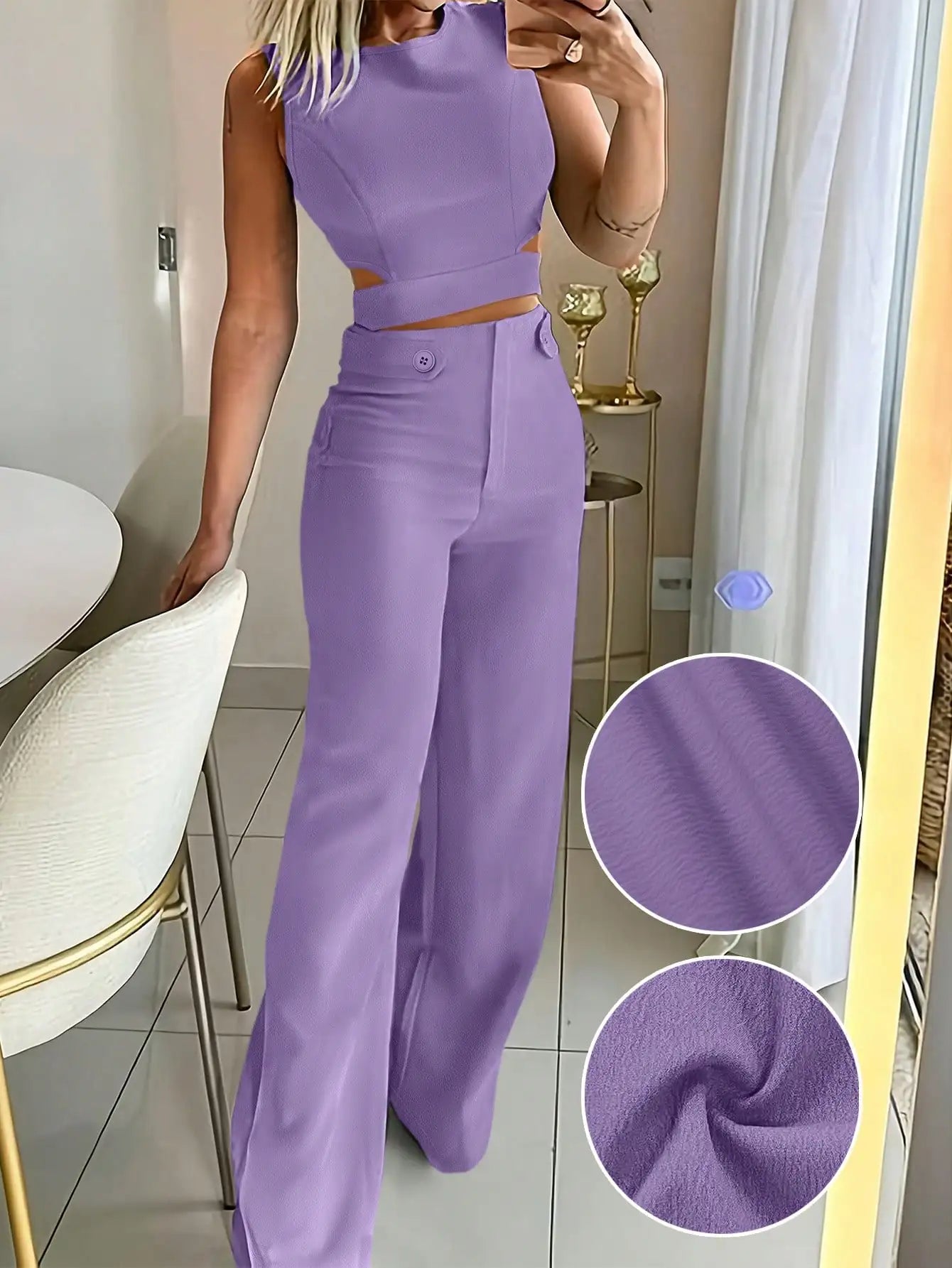 Sleeveless Button Detail Top and Flare Pants Casual Co-Ord Set