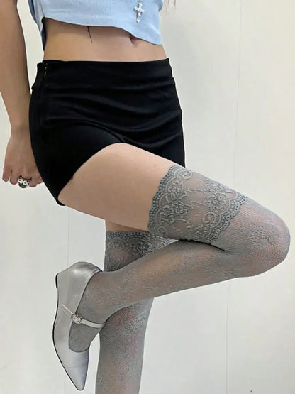 Vintage Floral Lace Thigh High Sheer Stockings with Non-Slip Stay-Up Design for Everyday Style