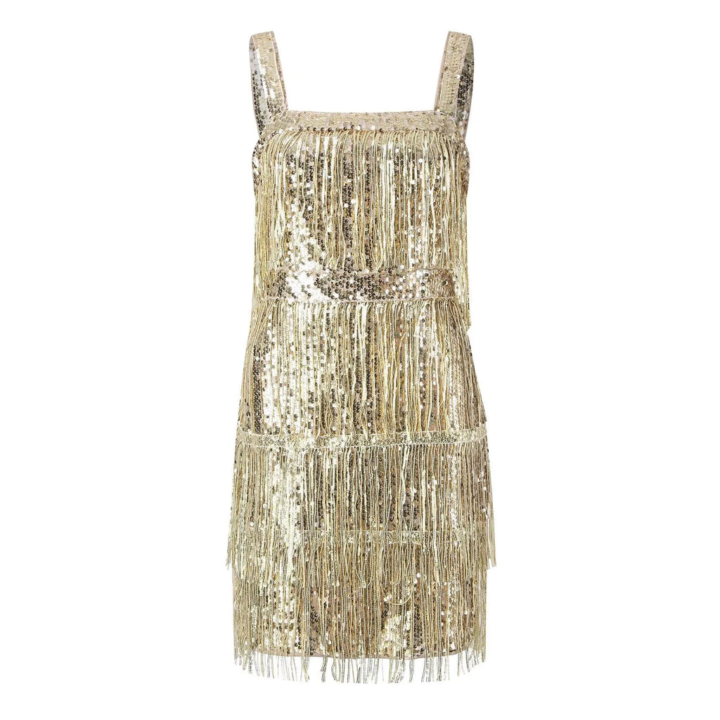 Golden Sequin Fringe Mini Dress with Square Neckline