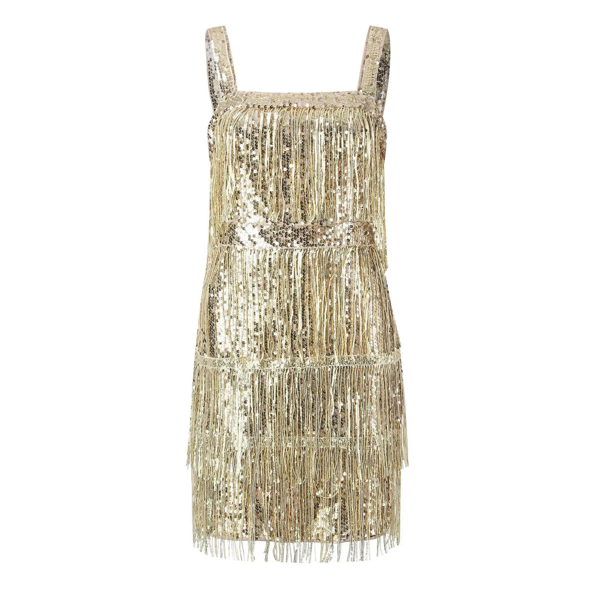 Golden Sequin Fringe Mini Dress with Square Neckline