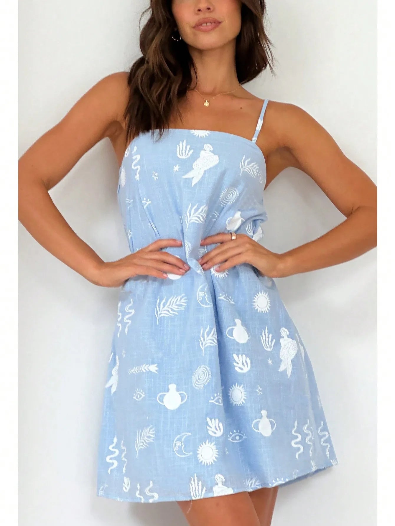 Spaghetti Strap Graphic Print A-Line Mini Dress with Relaxed Summer Silhouette