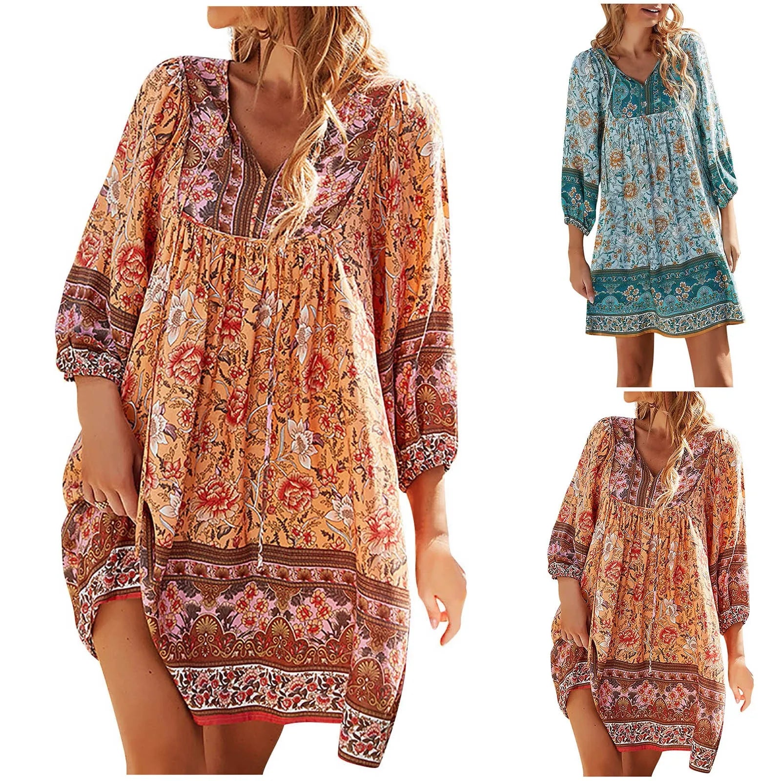 Bohemian Print Mini Dress With Relaxed Fit And Flowing Sleeve Detail