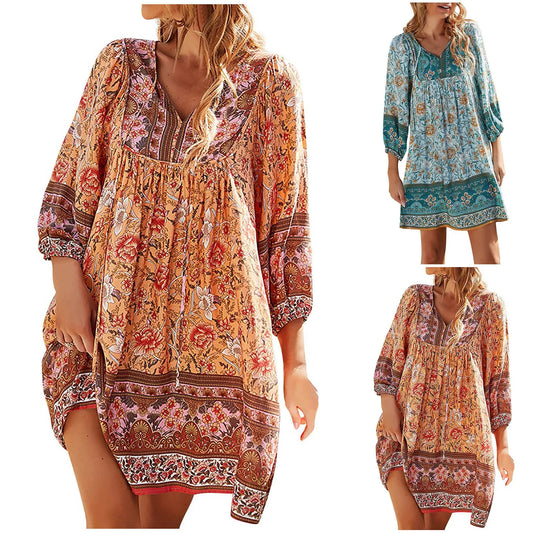 Bohemian Print Mini Dress With Relaxed Fit And Flowing Sleeve Detail