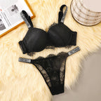 Romantic Textured Floral Lace Contour Bra Set with Sparkling Statement Straps
