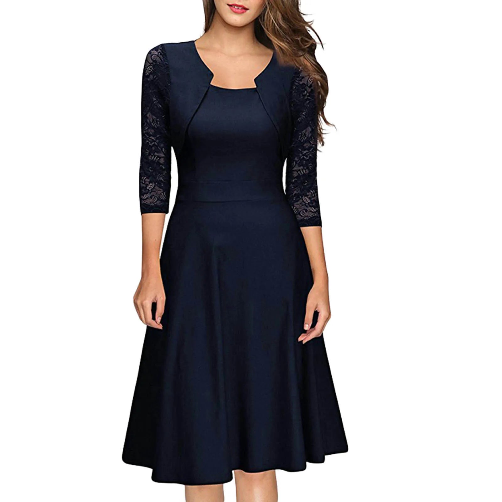 Square Neck A-Line Midi Dress with Lace Panels and Three Quarter Sleeves