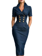 Tailored Double-Breasted Short Sleeve Pencil Midi Dress with Lapel Collar