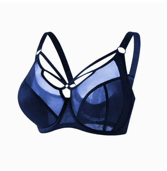 Elegant Sheer Mesh Underwire Minimizer Bra with Strappy Center Detailing