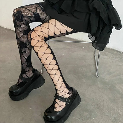 Floral Pattern Fishnet Tights with Open Mesh Design for Alternative Streetwear Fashion