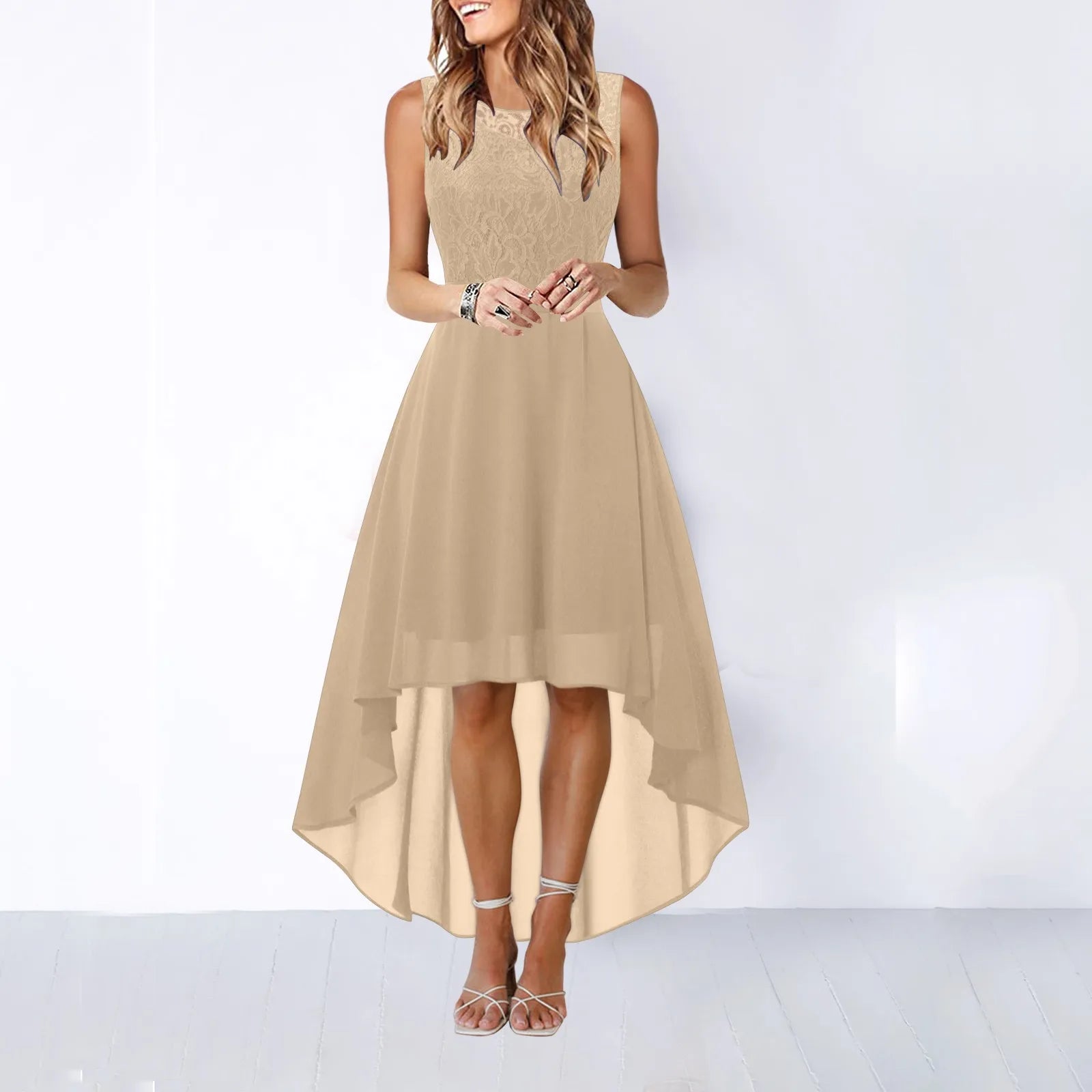 Sleeveless High Low Maxi Dress With Waist Tie Detail