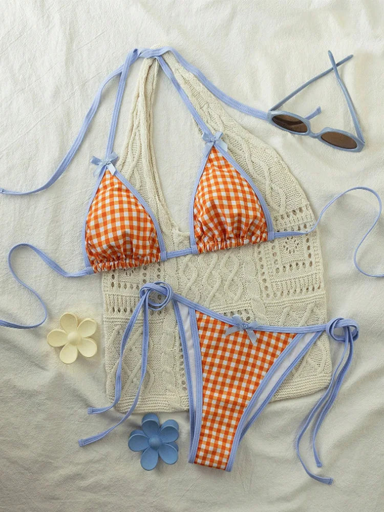 Orange Gingham Triangle String Bikini with Light Blue Contrast Trim