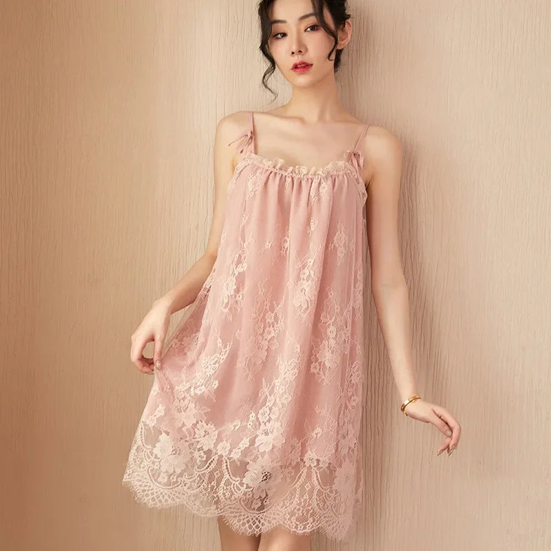 Women's Lace-Trim Sleeveless Mini Nightgown with Square Neckline, Delicate Sling Straps and Feminine Summer Sleepwear Design