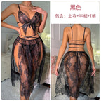 Sheer Black Lace Butterfly Bodice Ensemble with Flowing Midi Skirt