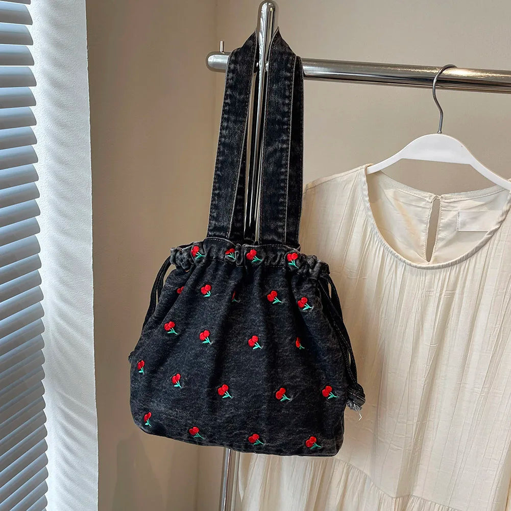 Denim Drawstring Hobo Tote Bag with Embroidered Detail Everyday Carry Design