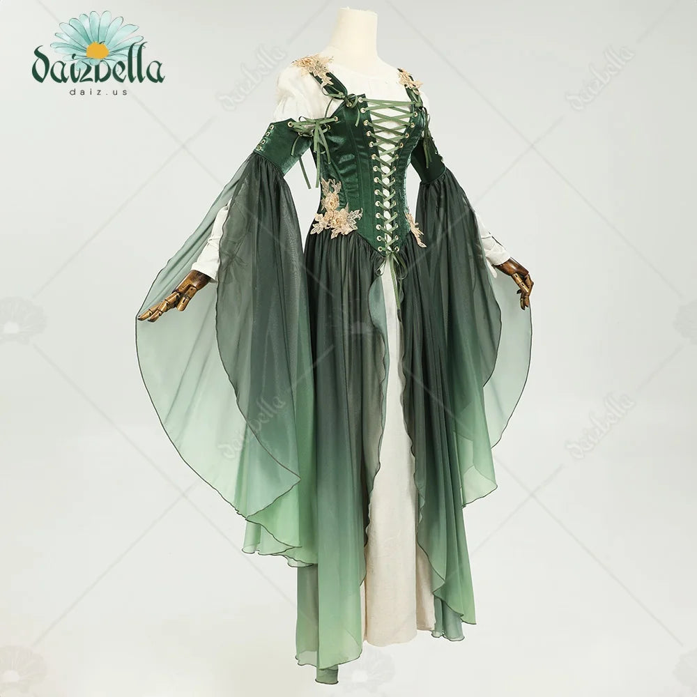 Women's Medieval-Inspired Chiffon Maxi Dress with Flowing Sleeves and Layered Skirt Design