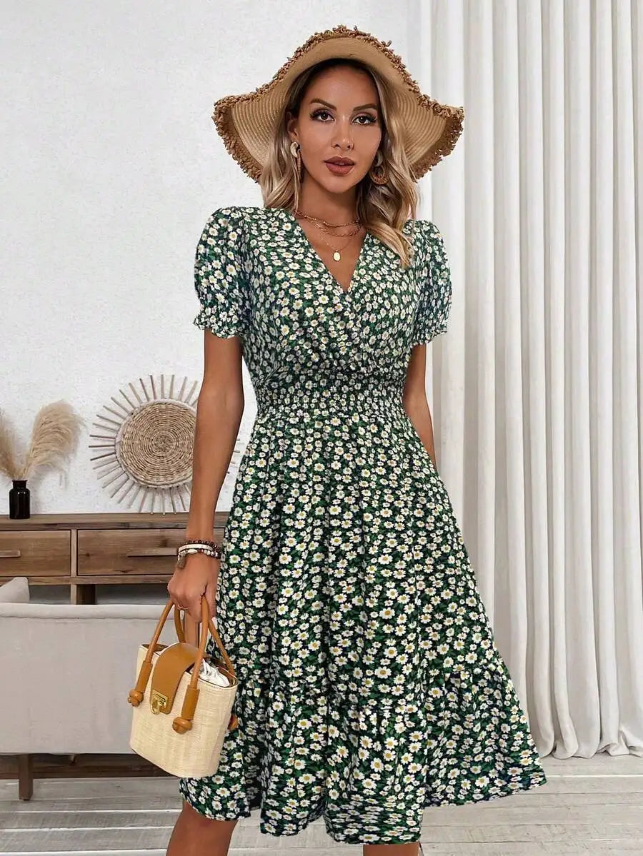Breezy Blue Ditsy Floral V-Neck Mini Dress with Puff Sleeves