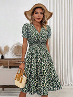 Breezy Blue Ditsy Floral V-Neck Mini Dress with Puff Sleeves