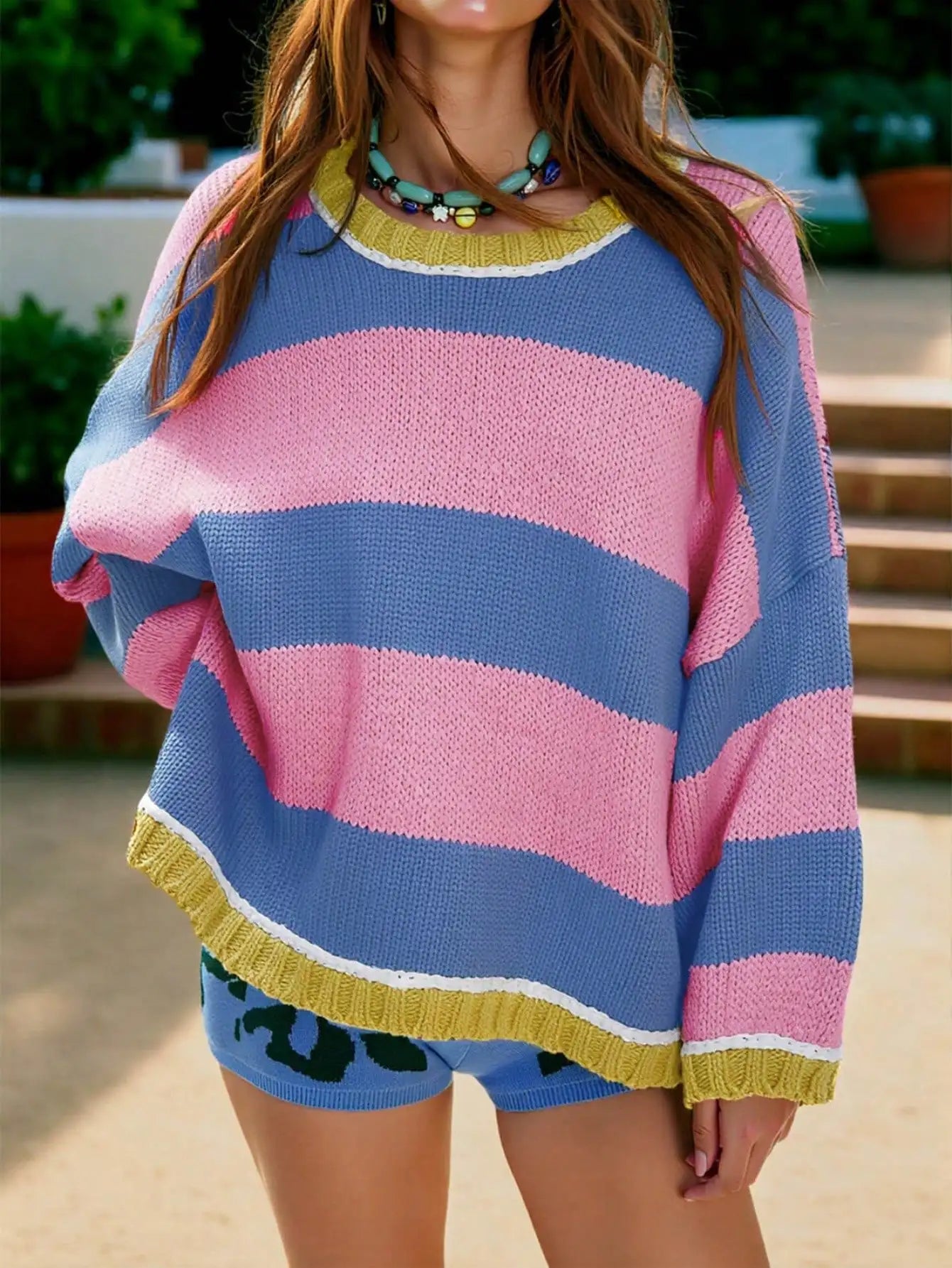 Women's Oversized Color Block Knit Sweater with Relaxed Fit for Cozy Everyday Style